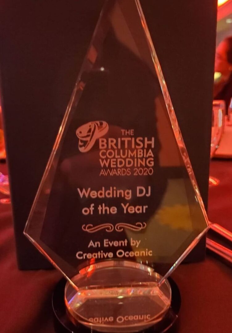 A close up of the award for wedding dj